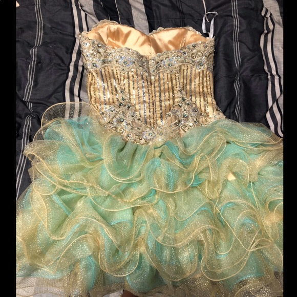 Gold dress with jewels and aqua ruffles - Picture 1 of 3